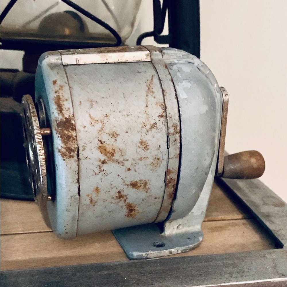 Vintage Light grey rusty antiqued patina  Metal Pencil Sharpener Rustic Accent